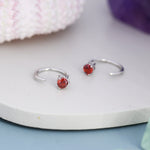 Tiny Garnet Red CZ Huggie Hoop Earrings in Sterling Silver, Red CZ Pull Through Earrings, Half Hoop, Silver or Gold, January Birthstone