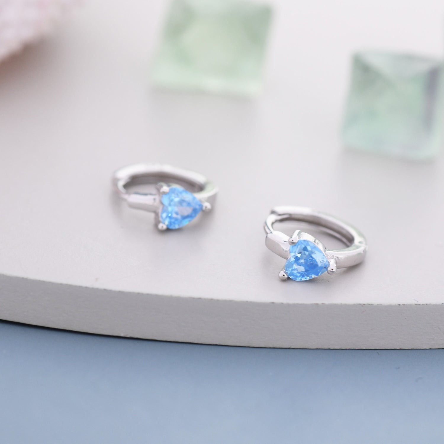 Aquamarine Blue Heart CZ Huggie Hoop in Sterling Silver,  8mm Inner Diameter, Stacking Earrings, March Birthstone