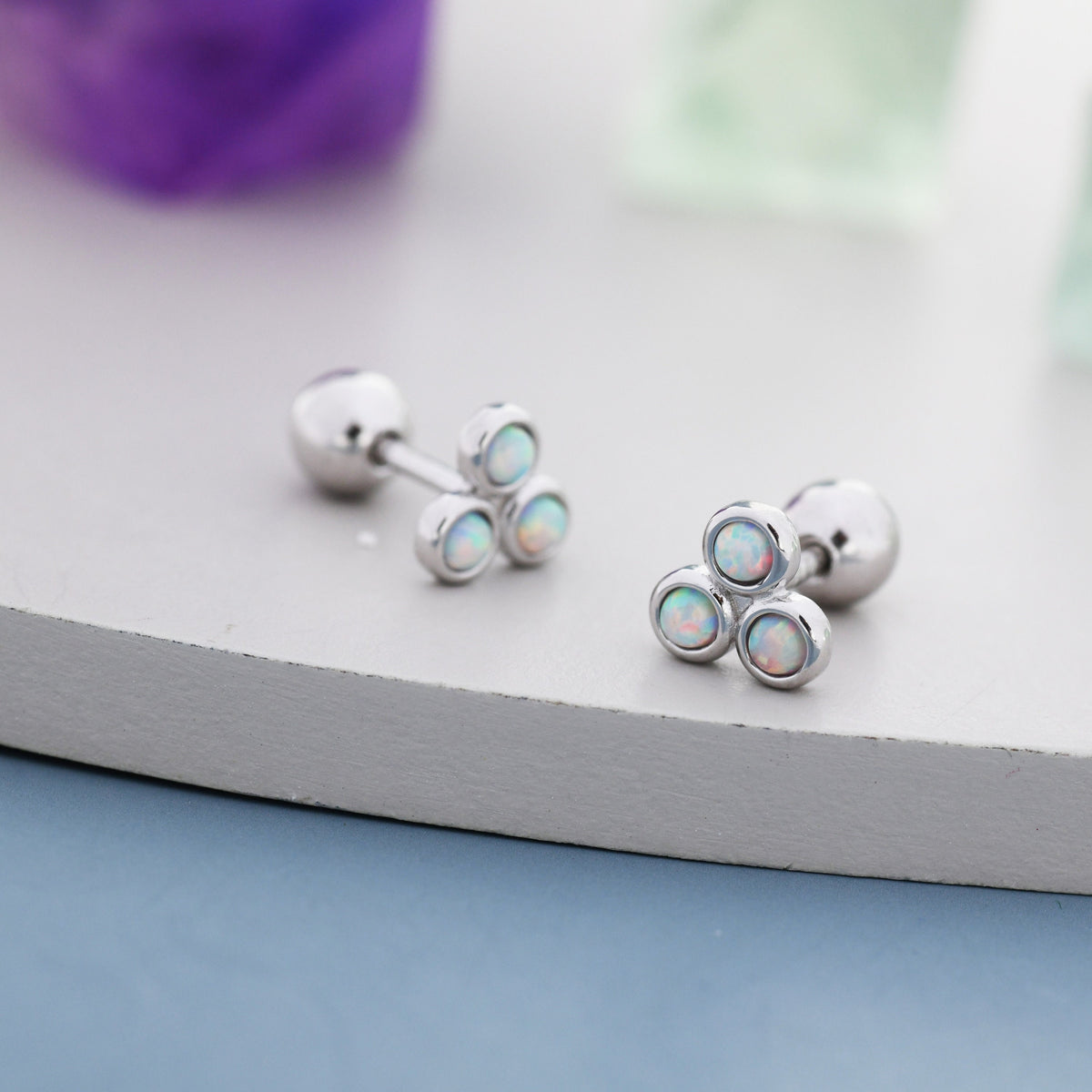 White Opal Trio Screw back Earrings in Sterling Silver, Silver or Gold, Opal Trinity Earrings, Screwback Barbell