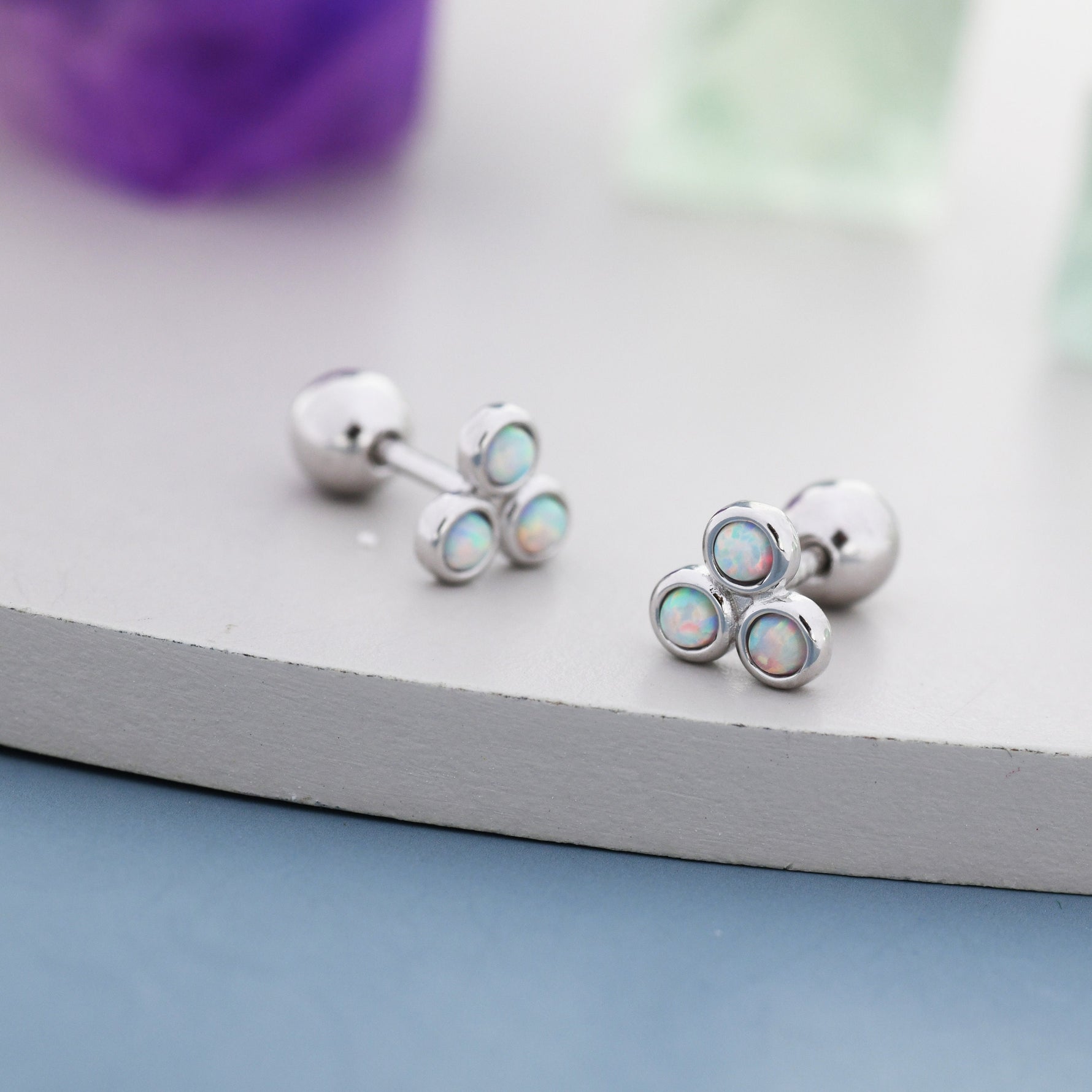 White Opal Trio Screw back Earrings in Sterling Silver, Silver or Gold, Opal Trinity Earrings, Screwback Barbell