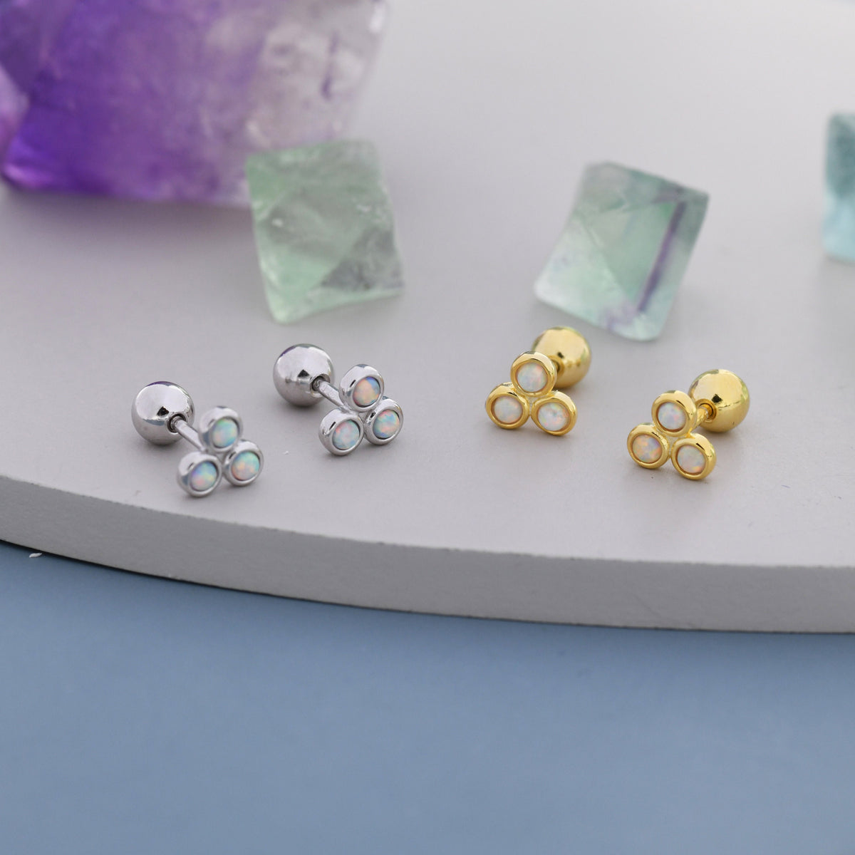 White Opal Trio Screw back Earrings in Sterling Silver, Silver or Gold, Opal Trinity Earrings, Screwback Barbell