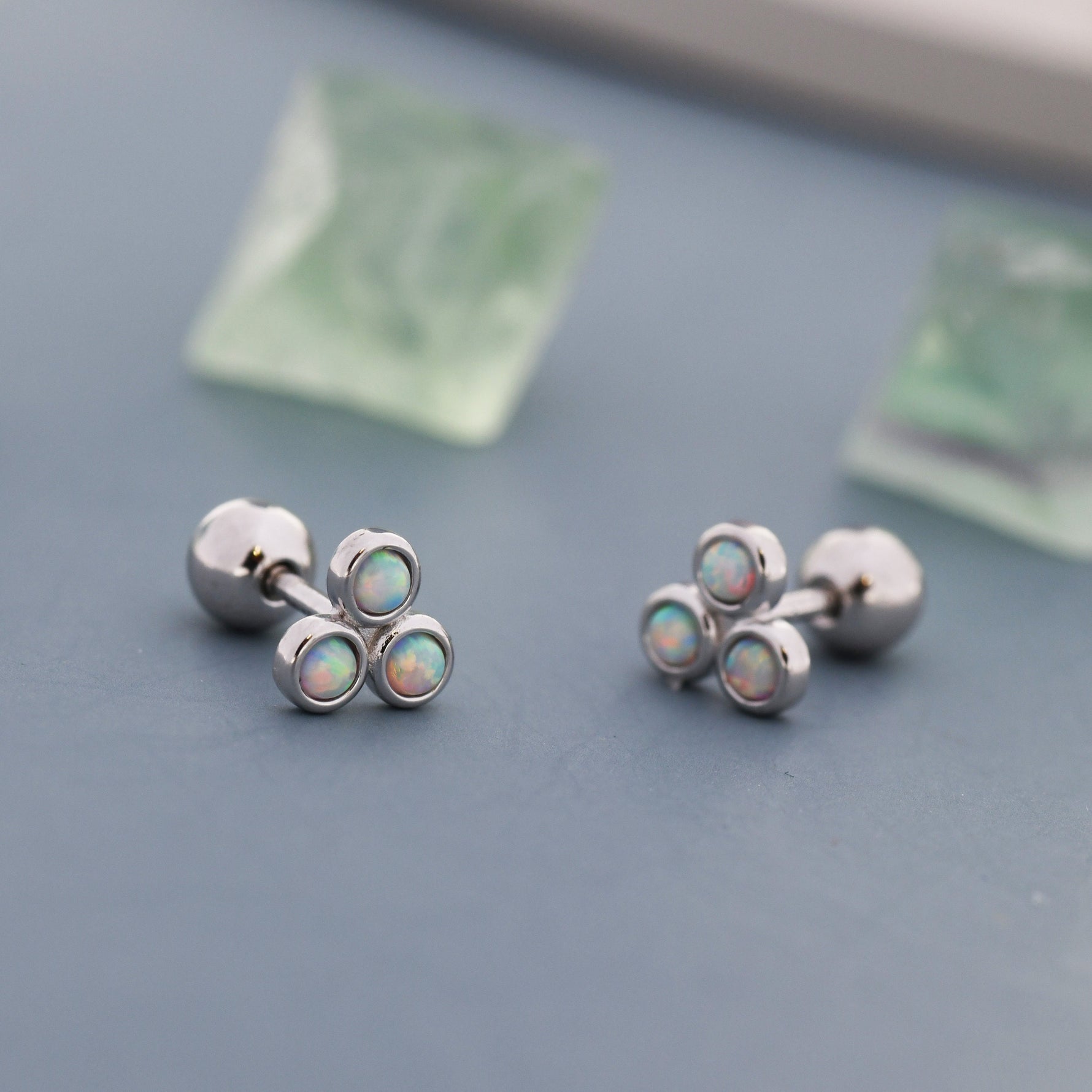 White Opal Trio Screw back Earrings in Sterling Silver, Silver or Gold, Opal Trinity Earrings, Screwback Barbell