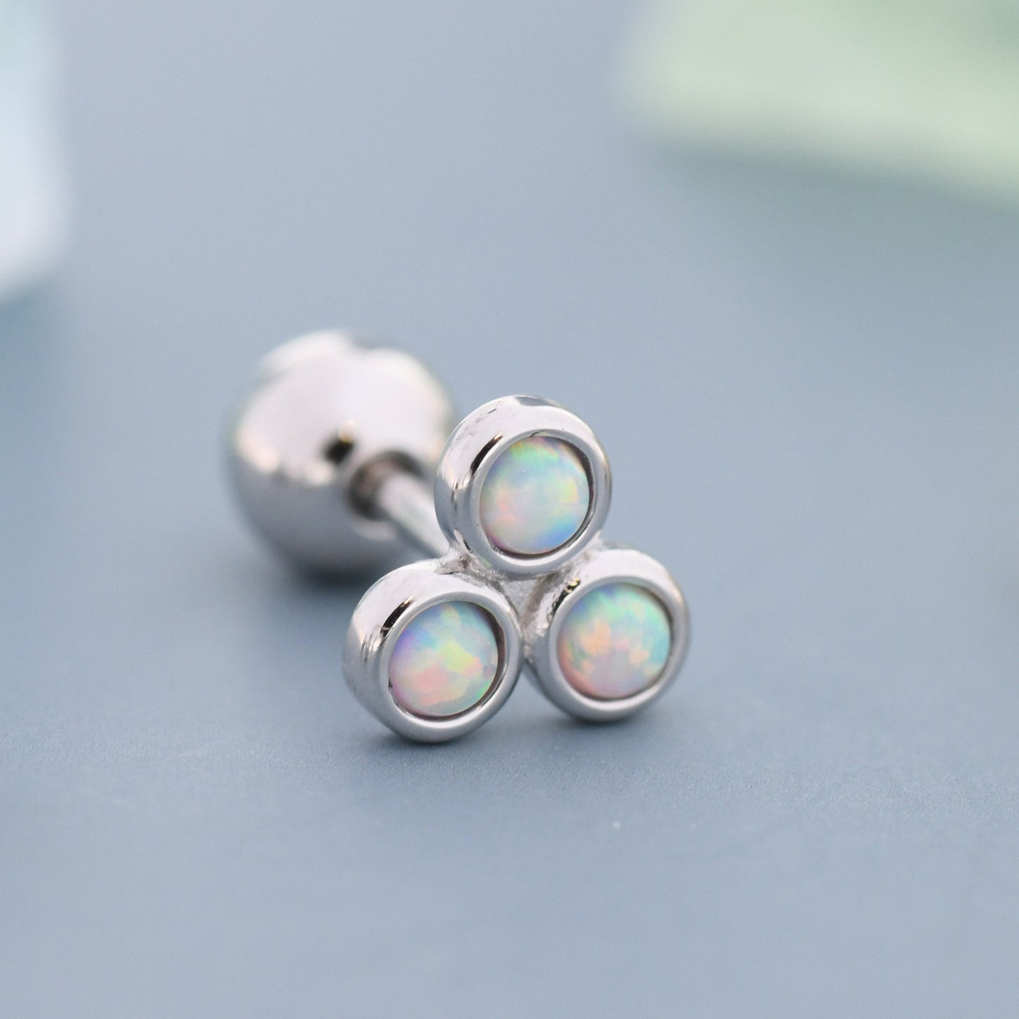 White Opal Trio Screw back Earrings in Sterling Silver, Silver or Gold, Opal Trinity Earrings,  Screwback Barbell