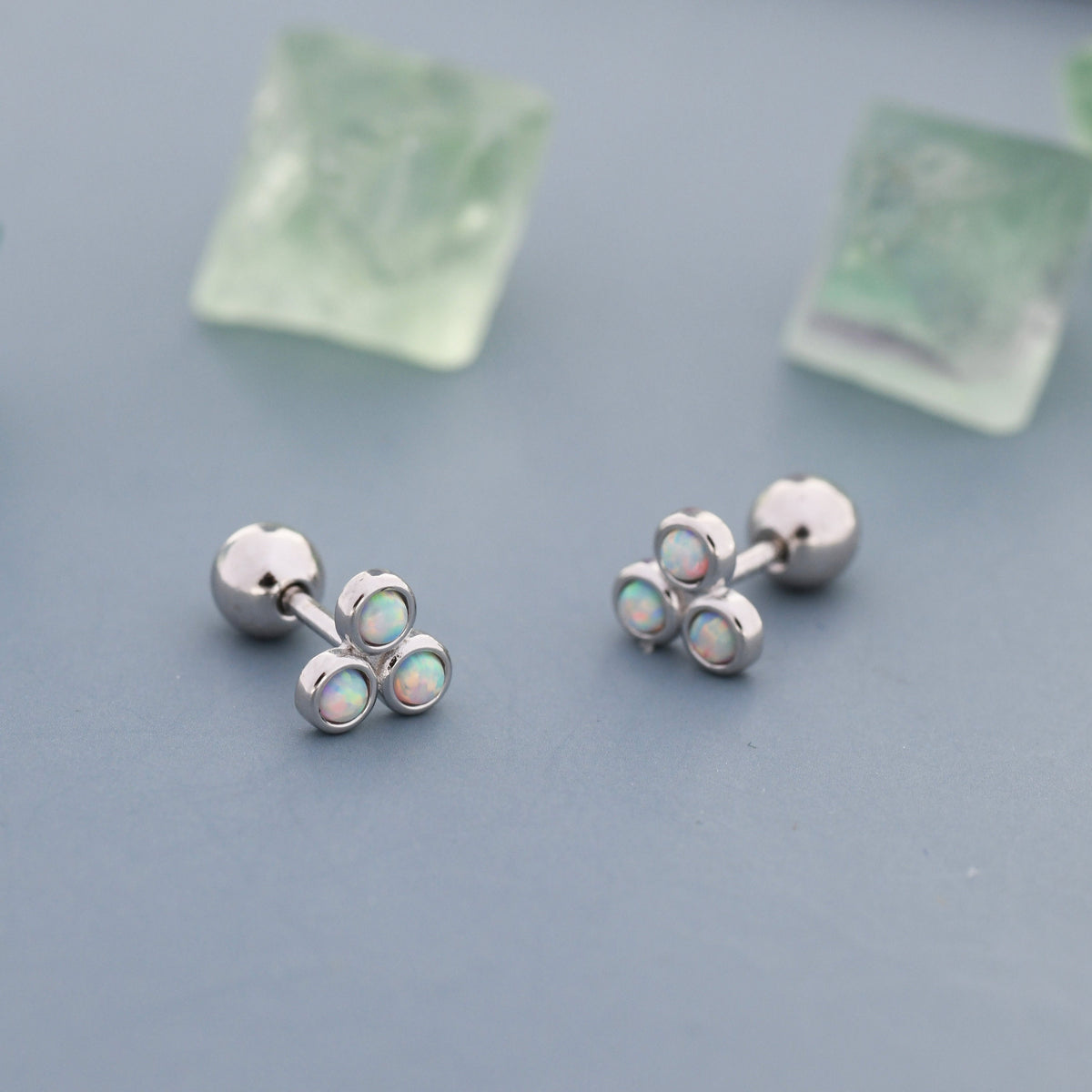 White Opal Trio Screw back Earrings in Sterling Silver, Silver or Gold, Opal Trinity Earrings, Screwback Barbell