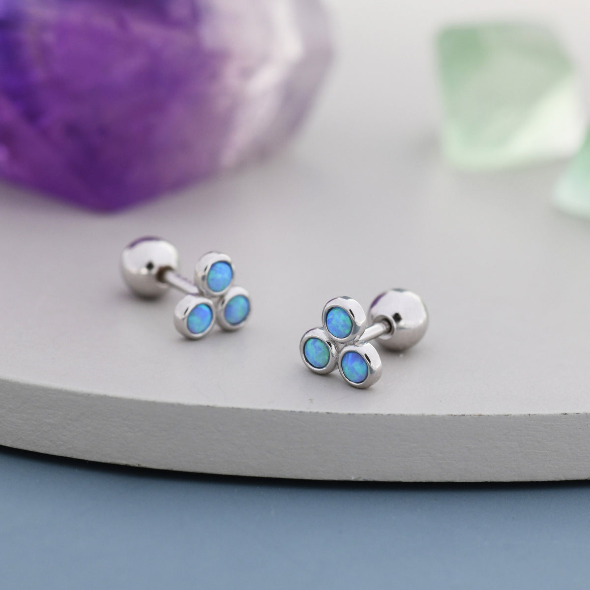 Blue Opal Trio Screw back Earrings in Sterling Silver, Silver or Gold, Opal Trinity Earrings, Screwback Barbell