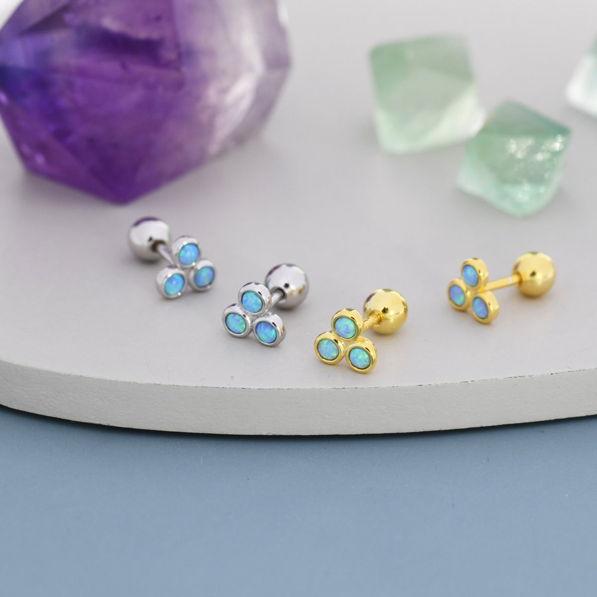 Blue Opal Trio Screw back Earrings in Sterling Silver, Silver or Gold, Opal Trinity Earrings, Screwback Barbell