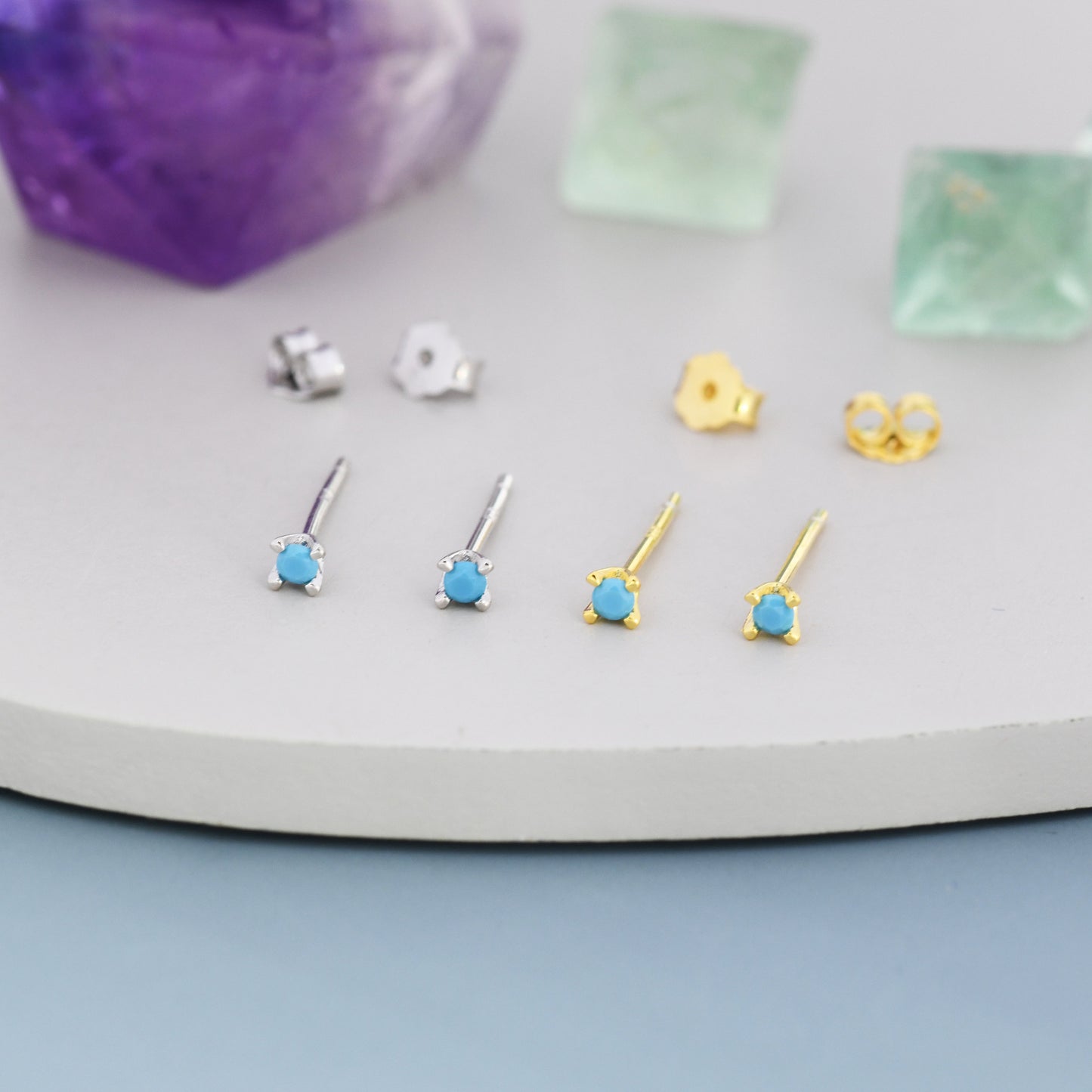 Extra Tiny 2mm Turquoise Stud Earrings in Sterling Silver, Barely Visible Stud Earrings, 2mm Nano Turquoise Earrings, Tiny Crystal Earrings