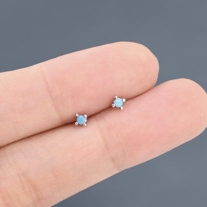 Extra Tiny 2mm Turquoise Stud Earrings in Sterling Silver, Barely Visible Stud Earrings, 2mm Nano Turquoise Earrings, Tiny Crystal Earrings