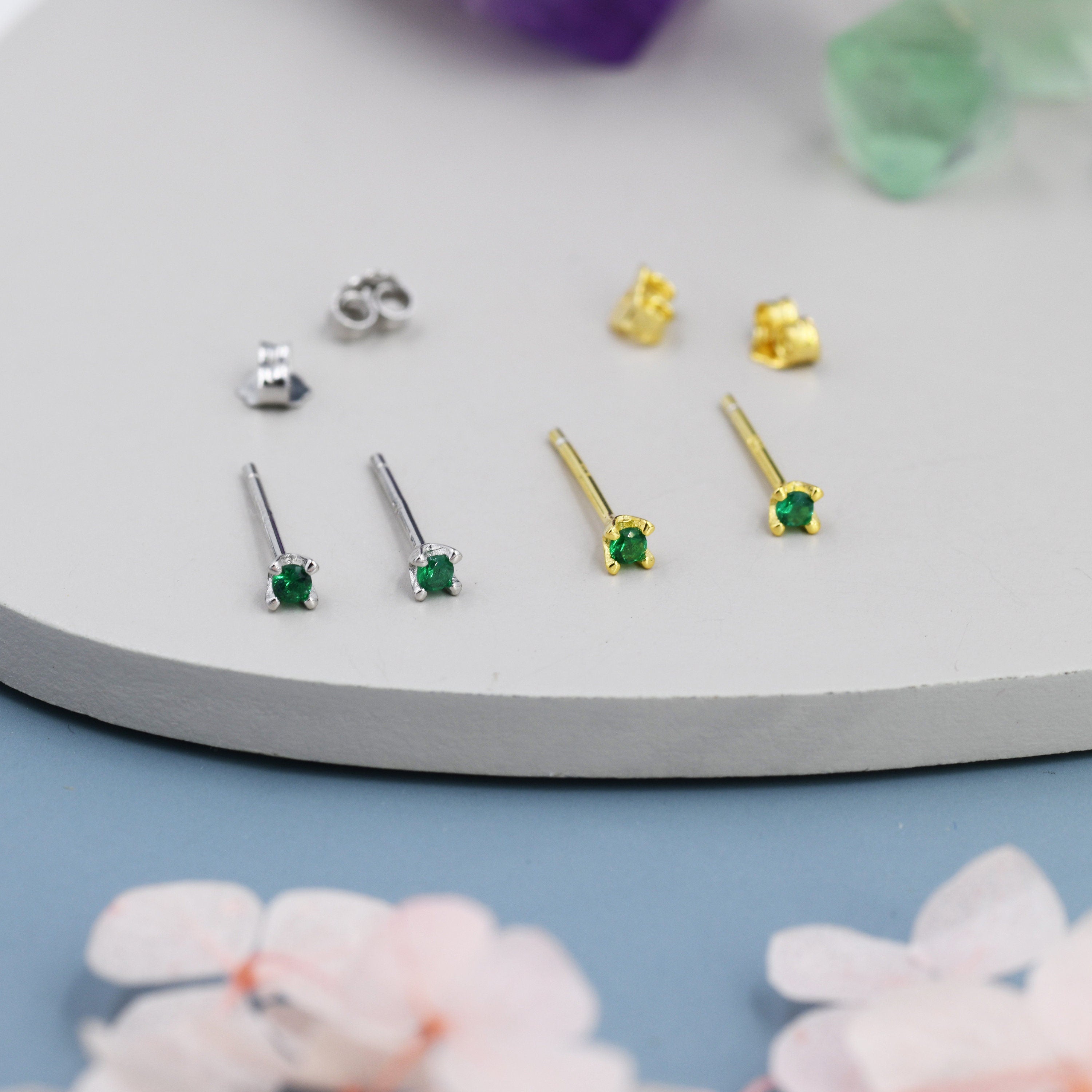 Emerald green good Heart CZ stud earrings in Sterling Silver ,Heart studs, heart earrings, emerald green studs ,Tiny studs, tiny hear earrings,