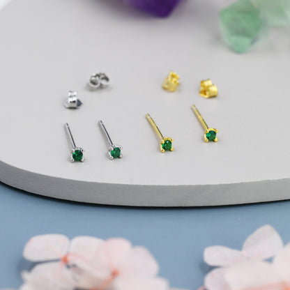 Extra Tiny 2mm Emerald Green CZ Stud Earrings in Sterling Silver, Barely Visible Stud Earrings, 2mm Emerald Earrings, Tiny Crystal Earrings