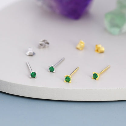 Extra Tiny 2mm Emerald Green CZ Stud Earrings in Sterling Silver, Barely Visible Stud Earrings, 2mm Emerald Earrings, Tiny Crystal Earrings