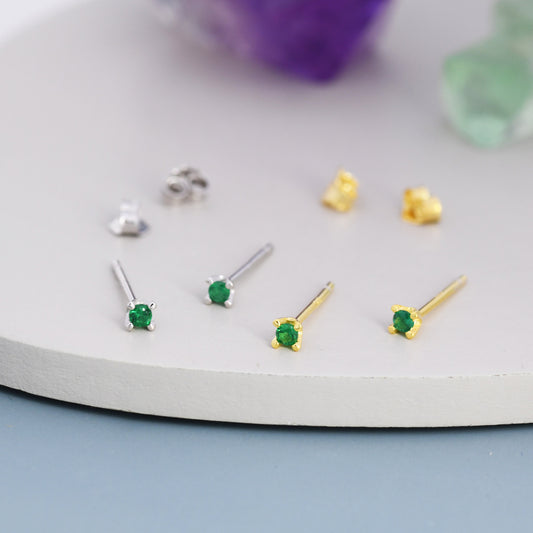 Extra Tiny 2mm Emerald Green CZ Stud Earrings in Sterling Silver, Barely Visible Stud Earrings, 2mm Emerald Earrings, Tiny Crystal Earrings