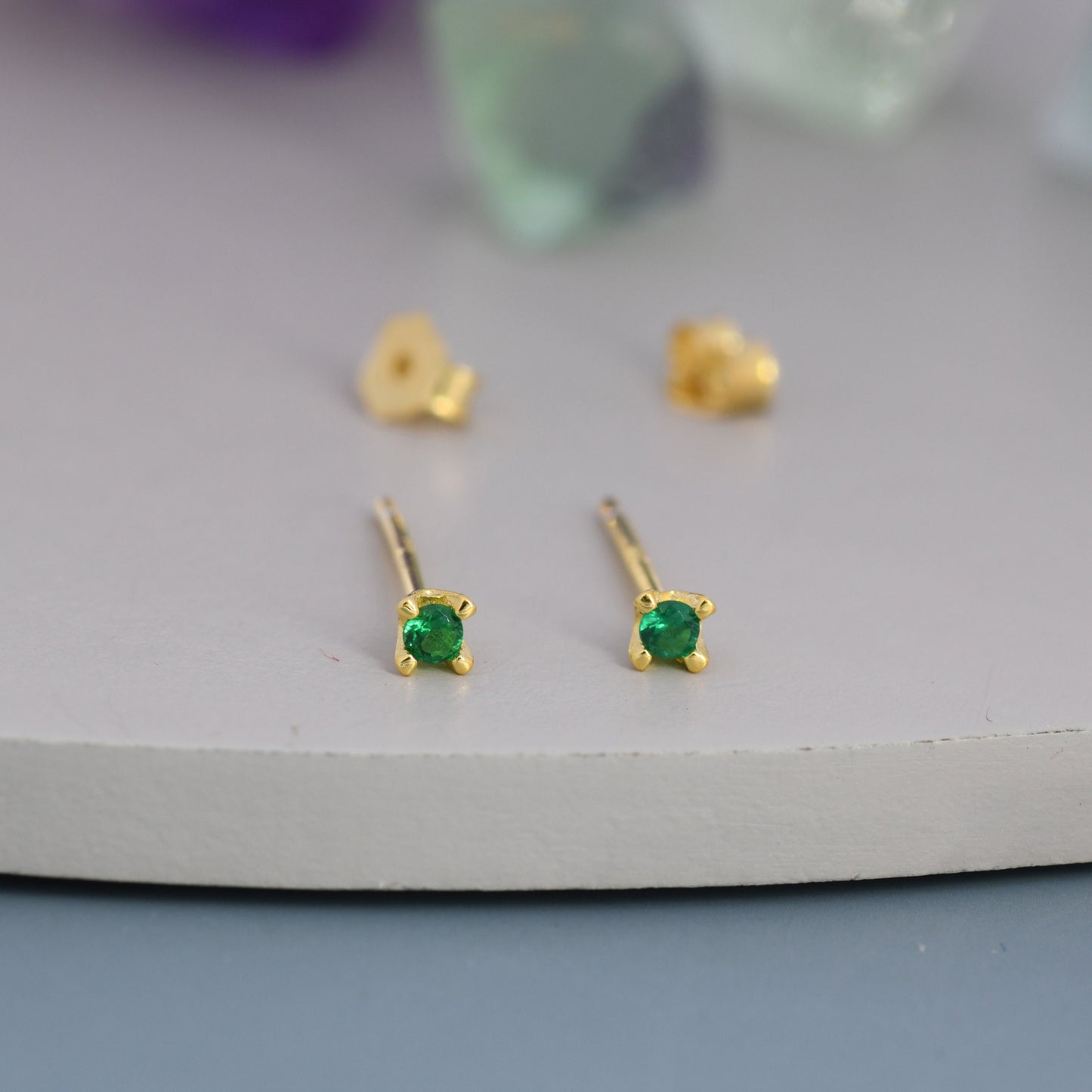 Extra Tiny 2mm Emerald Green CZ Stud Earrings in Sterling Silver, Barely Visible Stud Earrings, 2mm Emerald Earrings, Tiny Crystal Earrings