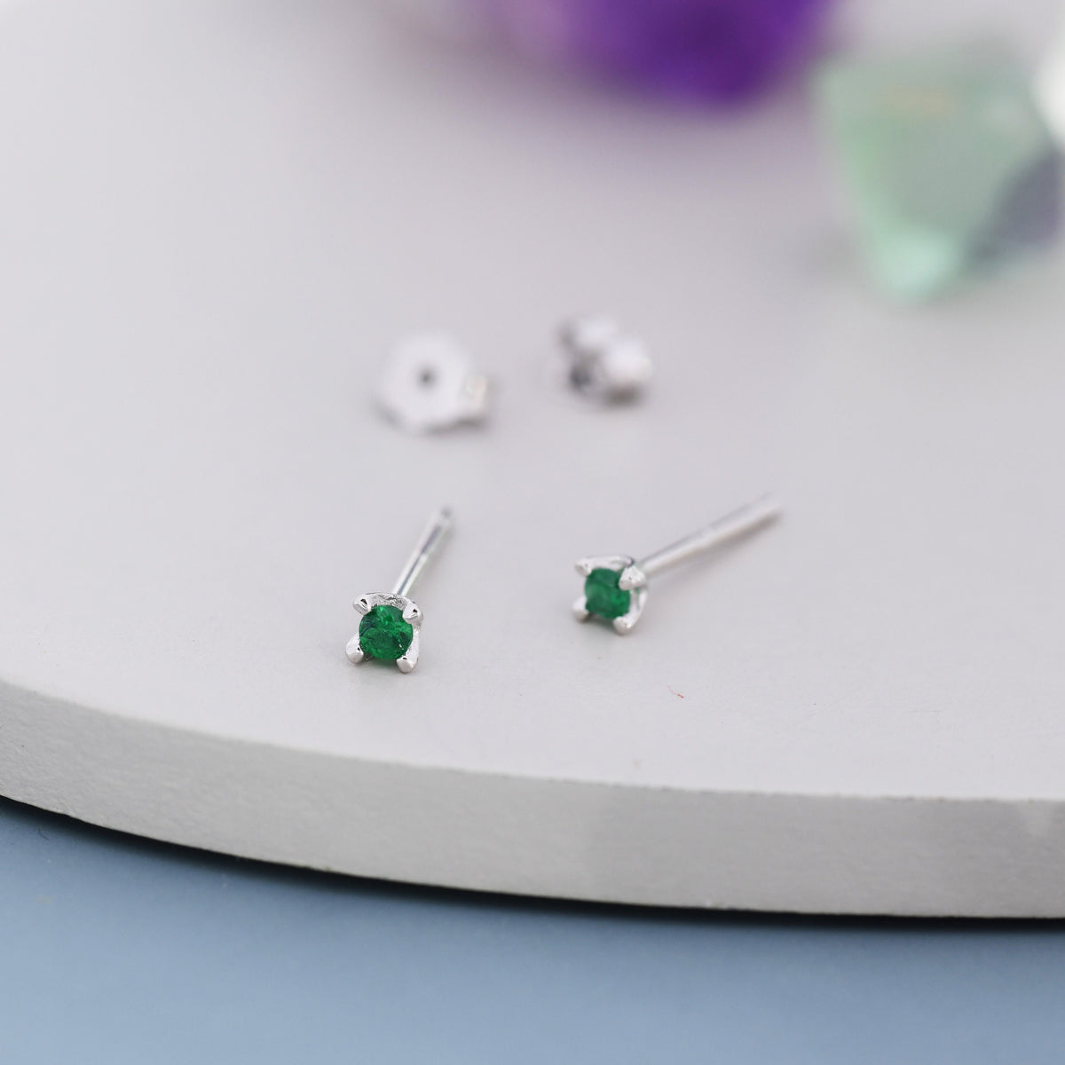 Extra Tiny 2mm Emerald Green CZ Stud Earrings in Sterling Silver, Barely Visible Stud Earrings, 2mm Emerald Earrings, Tiny Crystal Earrings