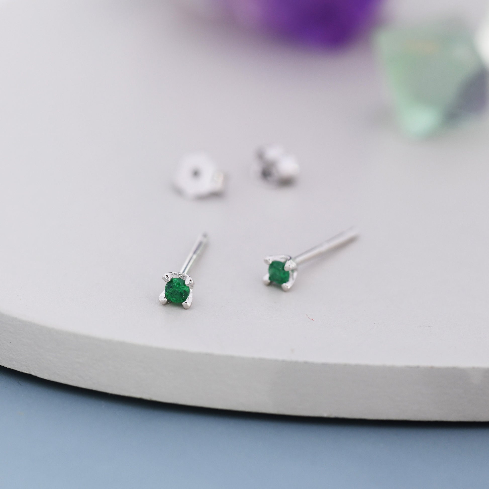 Extra Tiny 2mm Emerald Green CZ Stud Earrings in Sterling Silver, Barely Visible Stud Earrings, 2mm Emerald Earrings, Tiny Crystal Earrings