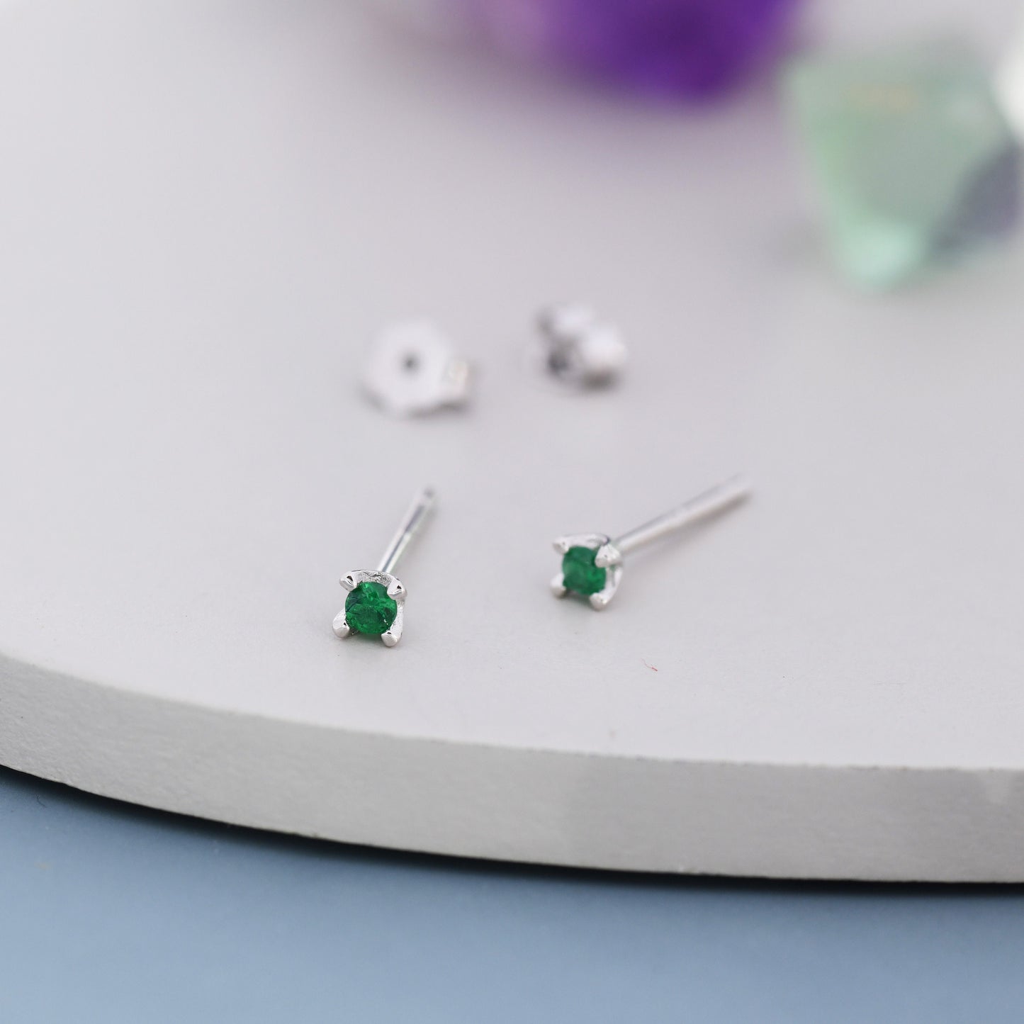 Extra Tiny 2mm Emerald Green CZ Stud Earrings in Sterling Silver, Barely Visible Stud Earrings, 2mm Emerald Earrings, Tiny Crystal Earrings