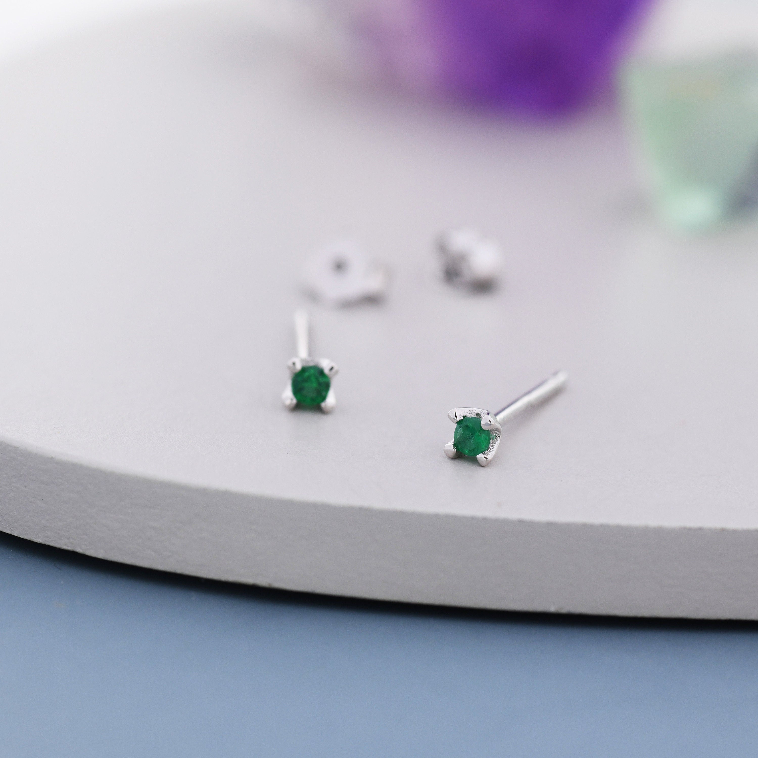 Emerald green good Heart CZ stud earrings in Sterling Silver ,Heart studs, heart earrings, emerald green studs ,Tiny studs, tiny hear earrings,