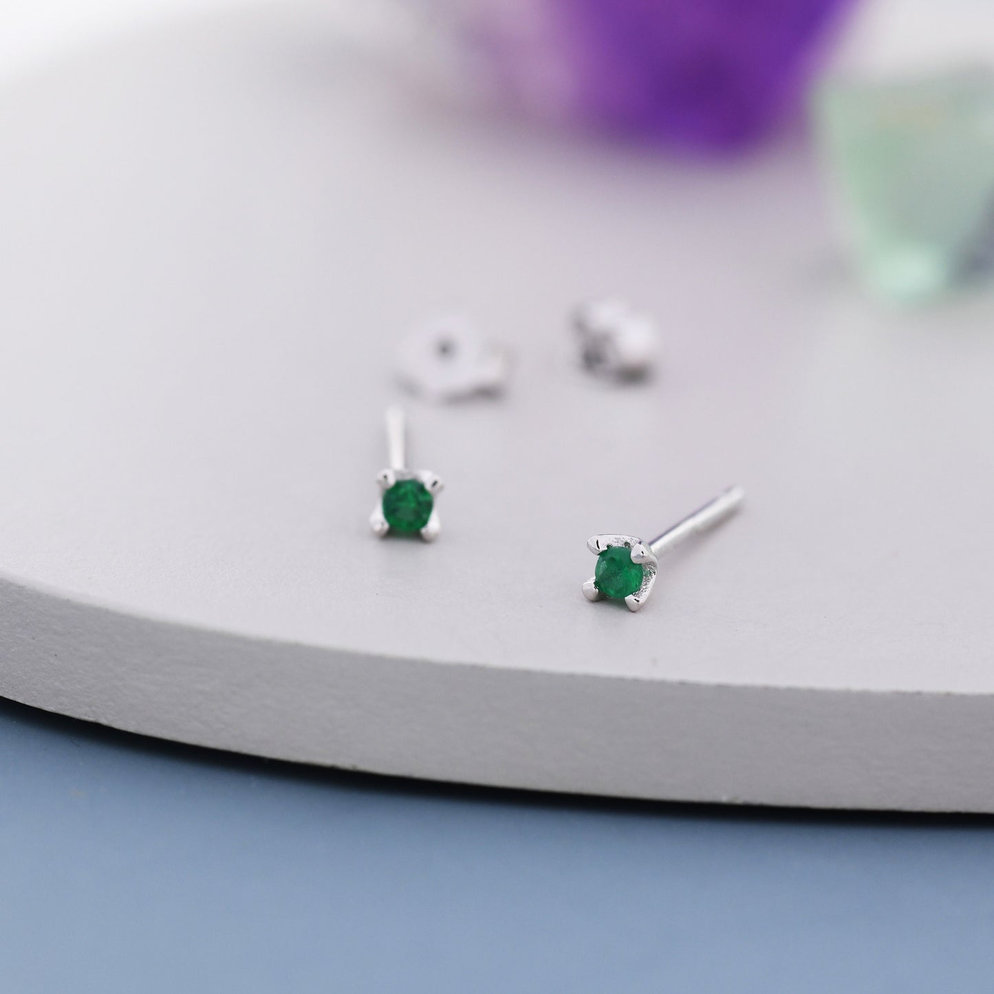 Extra Tiny 2mm Emerald Green CZ Stud Earrings in Sterling Silver, Barely Visible Stud Earrings, 2mm Emerald Earrings, Tiny Crystal Earrings