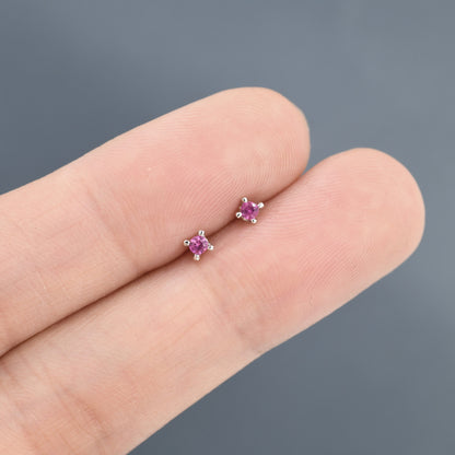 Extra Tiny 2mm Ruby Pink CZ Stud Earrings in Sterling Silver, Barely Visible Stud Earrings, 2mm Pink Earrings, Tiny Crystal Earrings