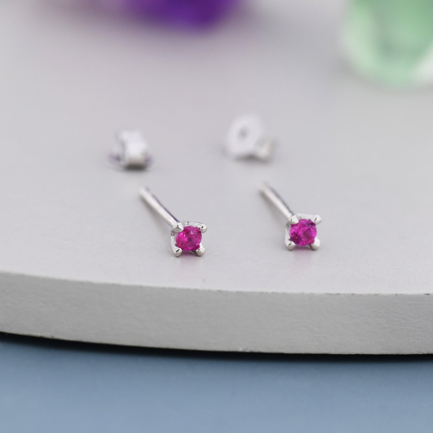 Extra Tiny 2mm Ruby Pink CZ Stud Earrings in Sterling Silver, Barely Visible Stud Earrings, 2mm Pink Earrings, Tiny Crystal Earrings