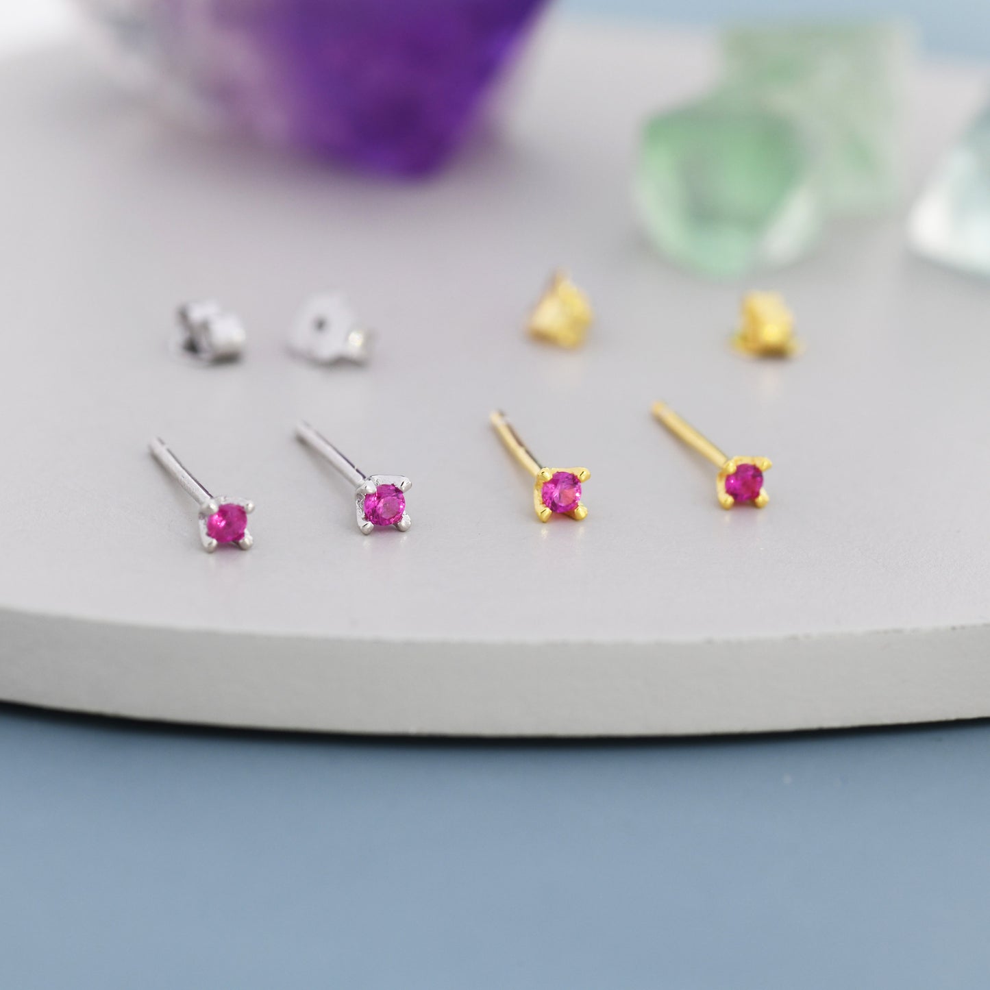 Extra Tiny 2mm Ruby Pink CZ Stud Earrings in Sterling Silver, Barely Visible Stud Earrings, 2mm Pink Earrings, Tiny Crystal Earrings