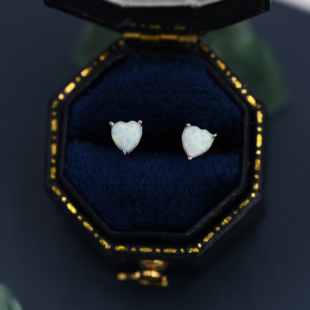 Heart-Shaped White Opal Stud Earrings