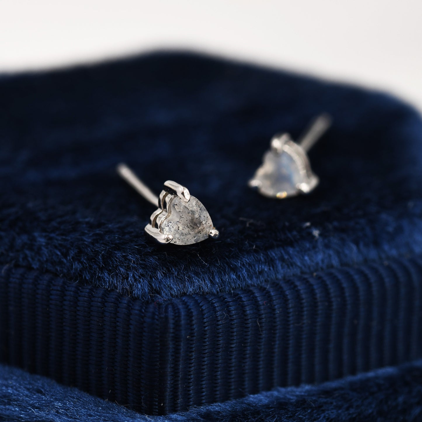 Salt and Pepper Quartz Crystal Heart Stud Earrings in Sterling Silver, Heart Stud Earrings, Tiny Heart Earrings