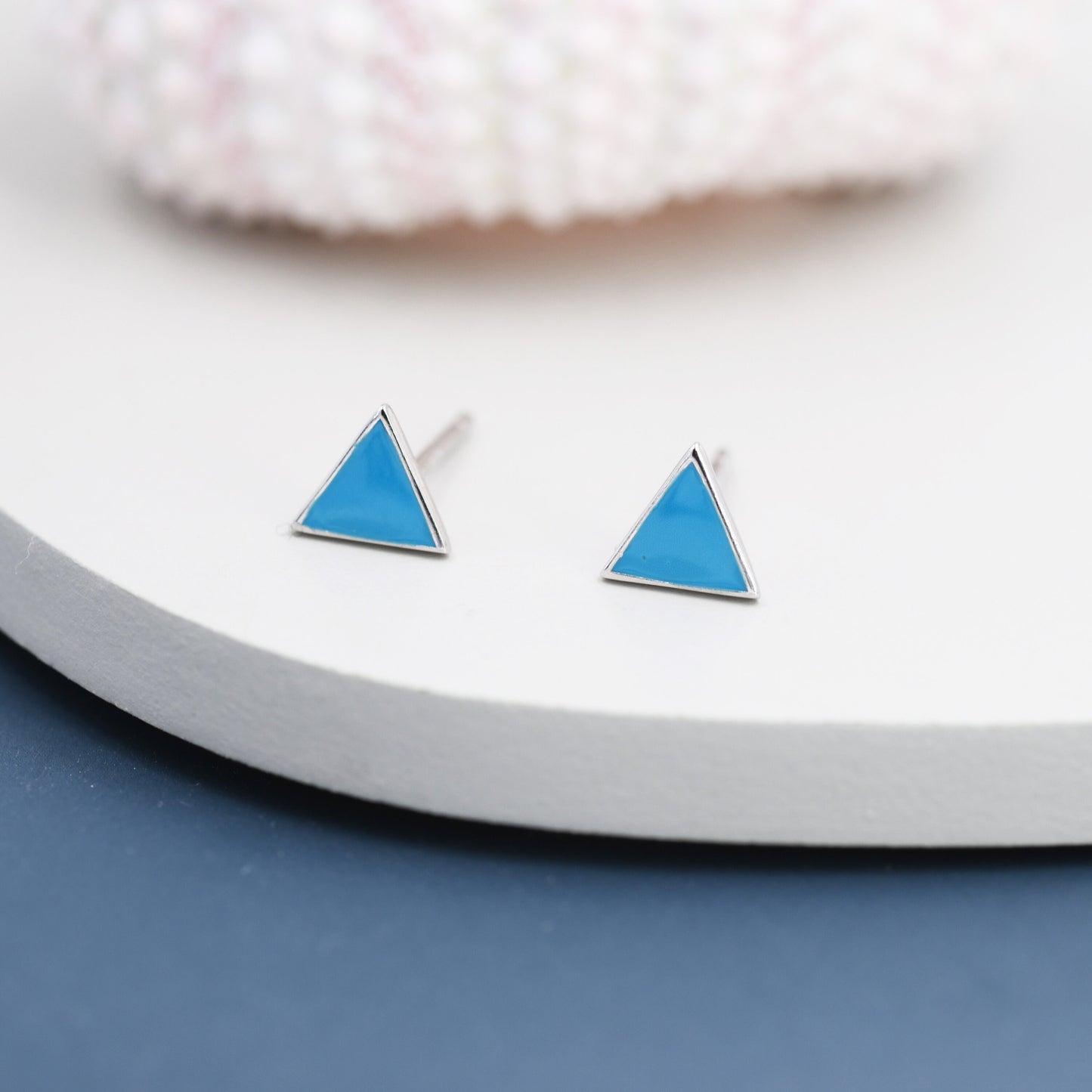 Turquoise Blue Triangle Stud Earrings in Sterling Silver with Hand Painted Enamel, Turquoise Stud, Tiny Triangle Stud