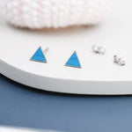 Turquoise Blue Triangle Stud Earrings in Sterling Silver with Hand Painted Enamel, Turquoise Stud, Tiny Triangle Stud