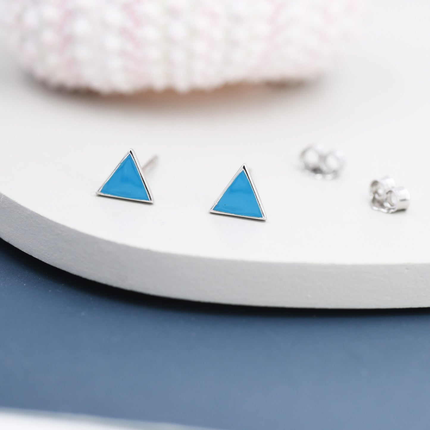 Turquoise Blue Triangle Stud Earrings in Sterling Silver with Hand Painted Enamel, Turquoise Stud, Tiny Triangle Stud