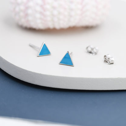 Turquoise Blue Triangle Stud Earrings in Sterling Silver with Hand Painted Enamel, Turquoise Stud, Tiny Triangle Stud