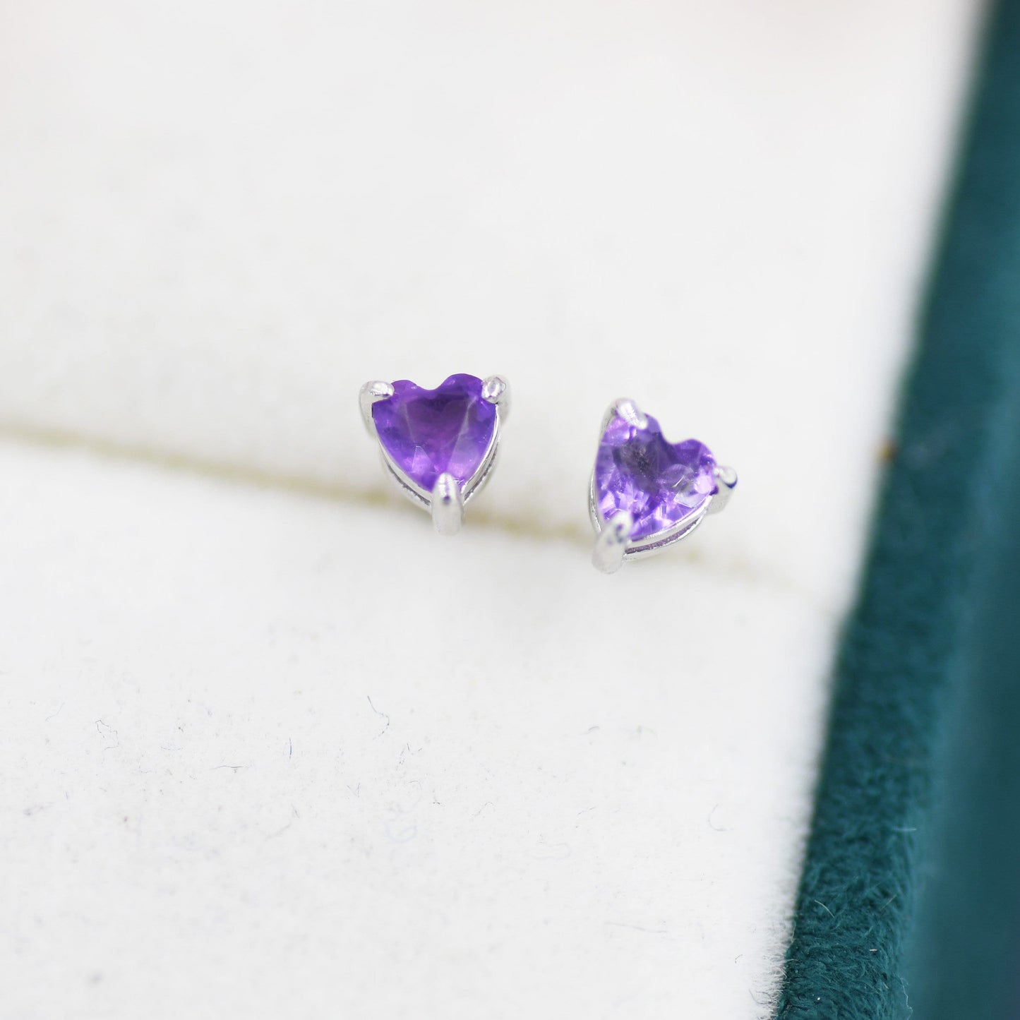 Extra Tiny Genuine  Amethyst Heart Stud Earrings in Sterling Silver, Barely Visible Heart Stud Earrings, Tiny Heart Earrings