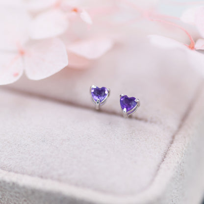 Extra Tiny Genuine  Amethyst Heart Stud Earrings in Sterling Silver, Barely Visible Heart Stud Earrings, Tiny Heart Earrings