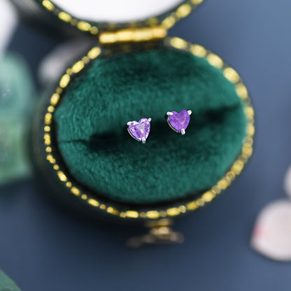 Extra Tiny Genuine  Amethyst Heart Stud Earrings in Sterling Silver, Barely Visible Heart Stud Earrings, Tiny Heart Earrings