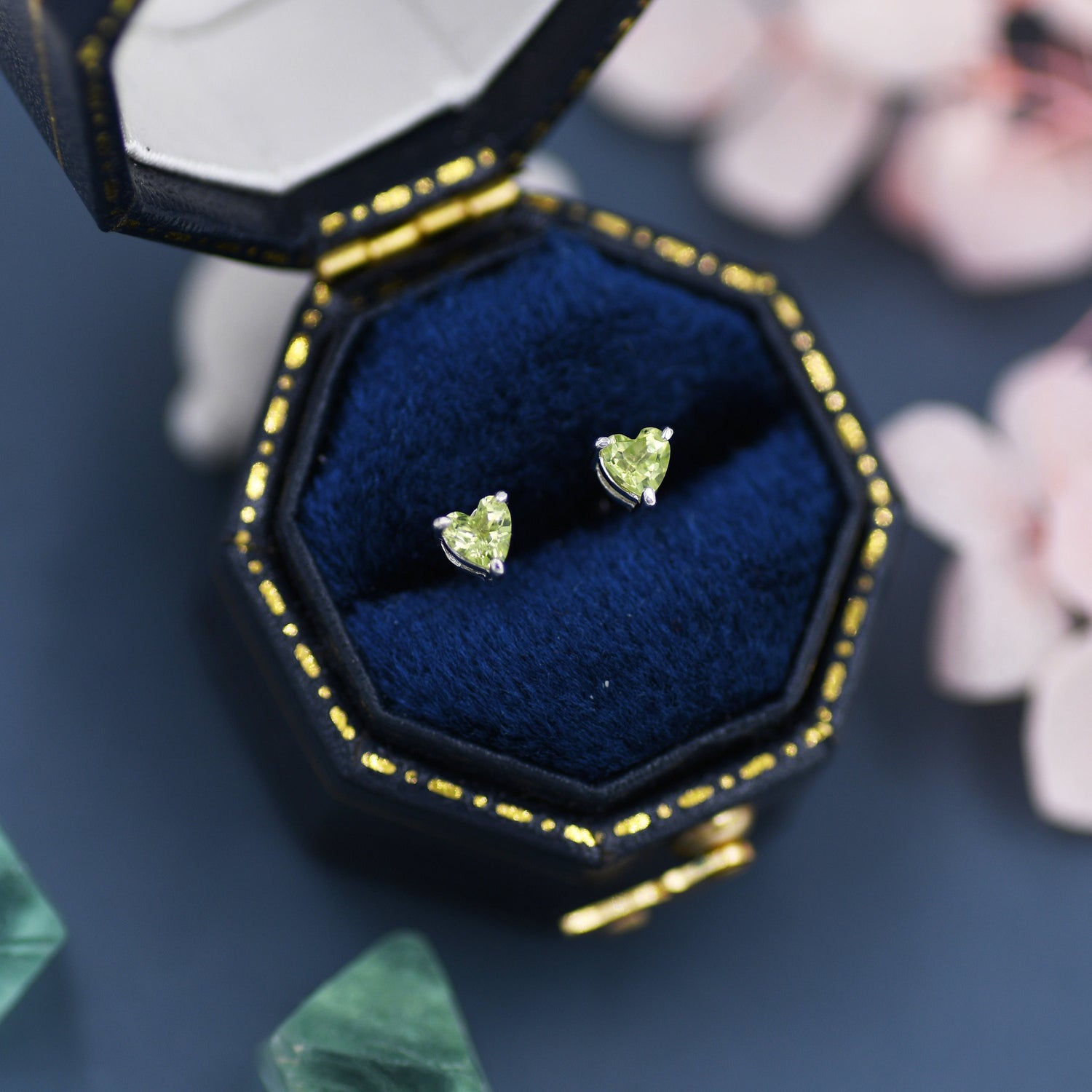 Genuine Peridot Heart Stud Earrings in Sterling Silver, 3mm Heart Stud Earrings, Tiny Heart Earrings