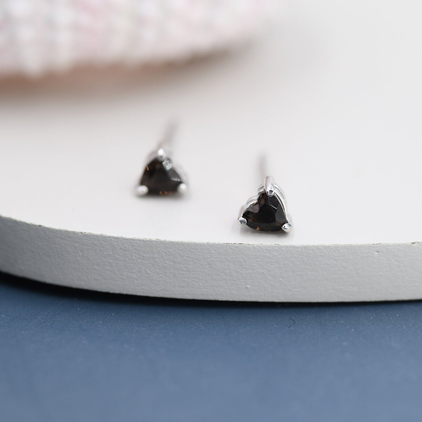 Genuine Smoky Quartz Crystal Heart Stud Earrings in Sterling Silver, 3mm Heart Stud Earrings, Tiny Heart Earrings