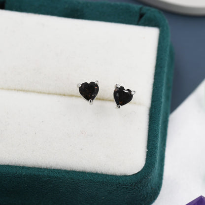 Genuine Smoky Quartz Crystal Heart Stud Earrings in Sterling Silver, 3mm Heart Stud Earrings, Tiny Heart Earrings