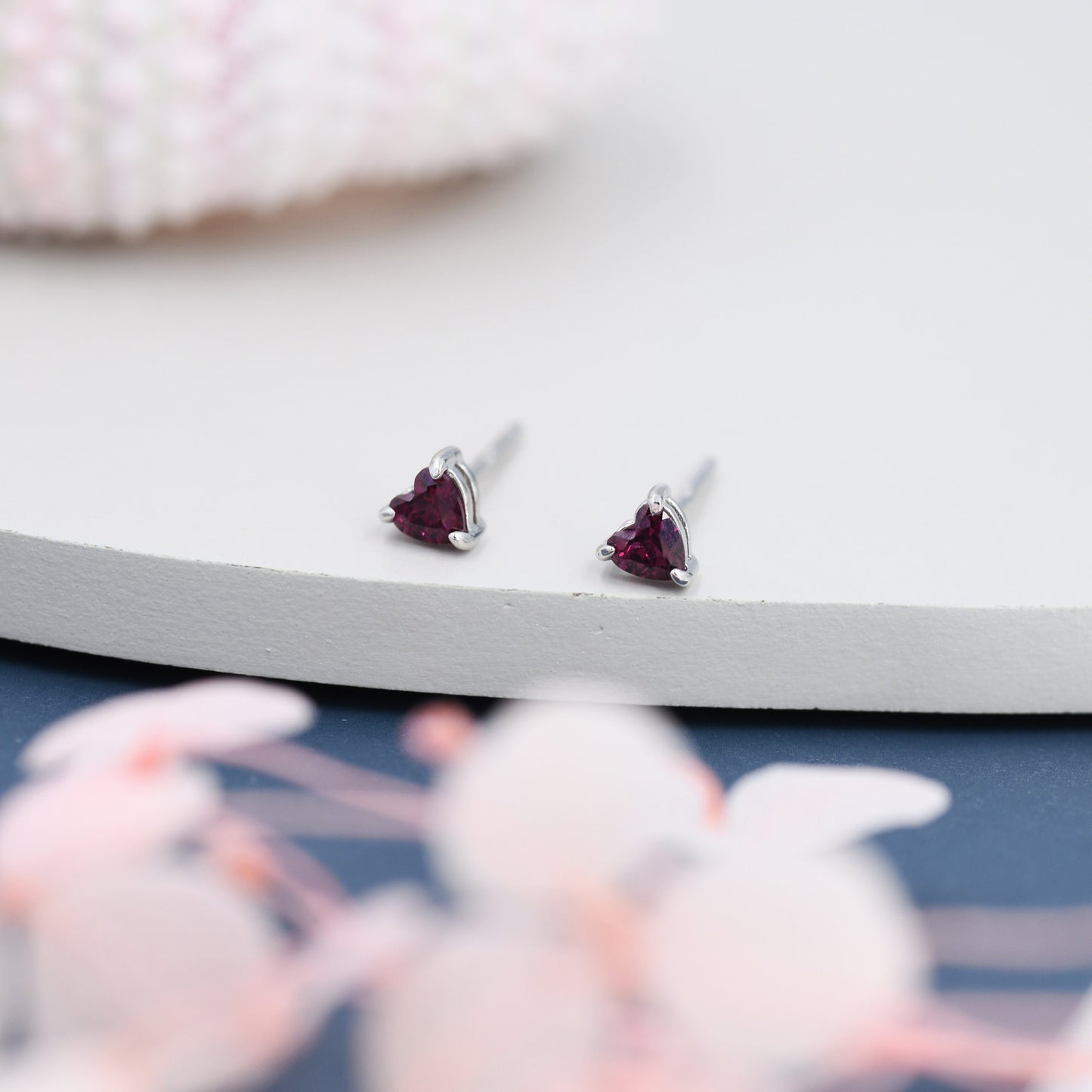 Genuine Garnet Crystal Heart Stud Earrings in Sterling Silver, 3mm Heart Stud Earrings, Tiny Heart Earrings, January Birthstone