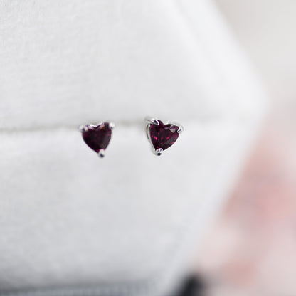 Genuine Garnet Crystal Heart Stud Earrings in Sterling Silver, 3mm Heart Stud Earrings, Tiny Heart Earrings, January Birthstone