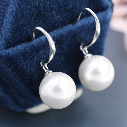 Sterling Silver Dangle Pearl Drop Hook Earrings, Simulated Pearl Earrings, Large Pearl Hook Earrings