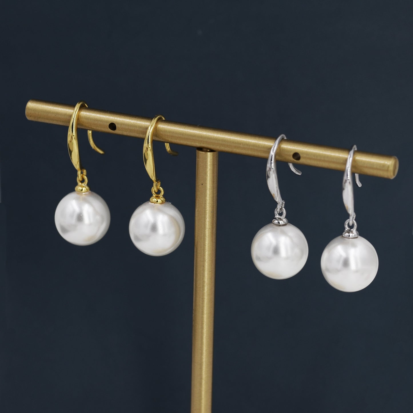 Sterling Silver Dangle Pearl Drop Hook Earrings, Simulated Pearl Earrings, Large Pearl Hook Earrings