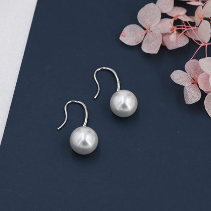 Sterling Silver Dangle Pearl Drop Hook Earrings, Simulated Pearl Earrings, Large Pearl Hook Earrings