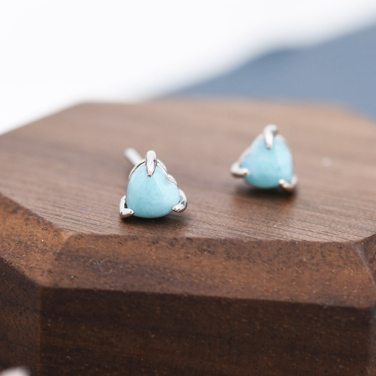 Genuine Larimar Stone Heart Stud Earrings in Sterling Silver, 4mm or 5mm Natural Larimar Heart Stud Earrings, Tiny Heart Earrings