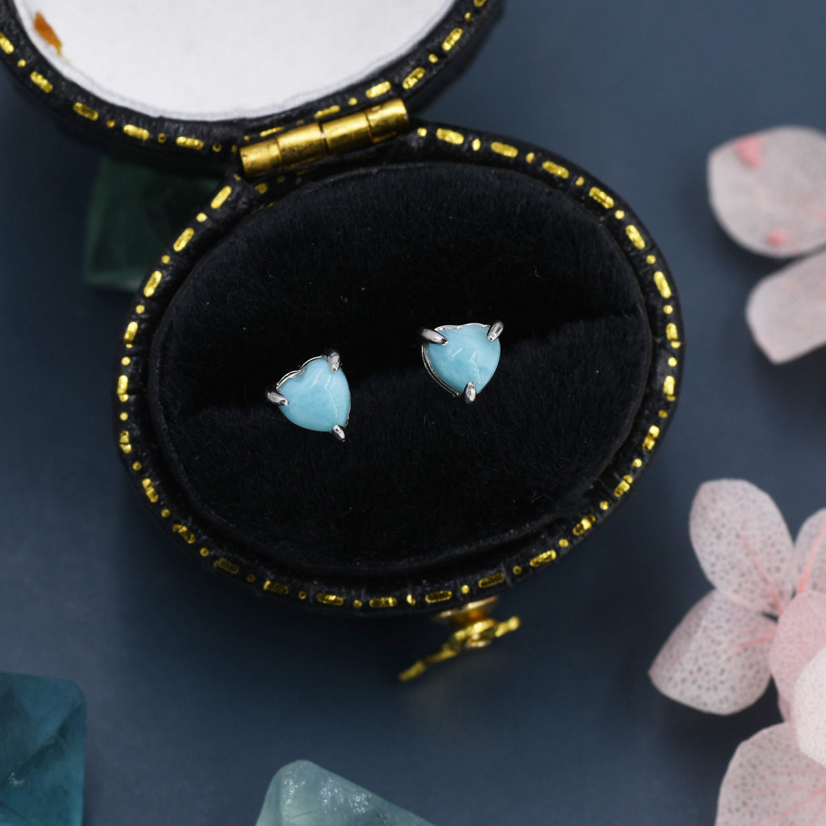 Genuine Larimar Stone Heart Stud Earrings in Sterling Silver, 4mm or 5mm Natural Larimar Heart Stud Earrings, Tiny Heart Earrings