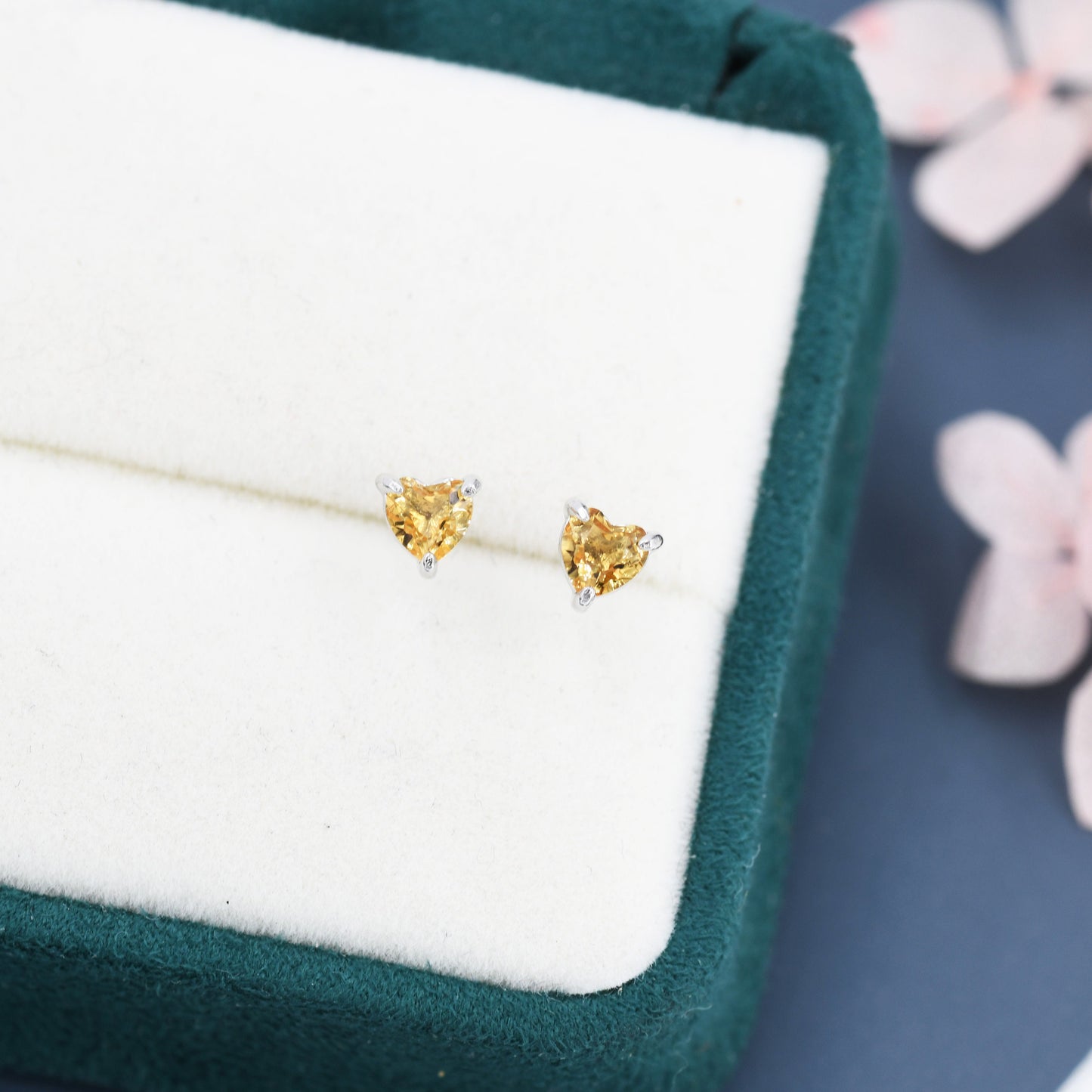 Genuine Citrine Crystal Heart Stud Earrings in Sterling Silver, Extra Tiny 3mm Citrine Heart Stud Earrings, Tiny Heart Earrings