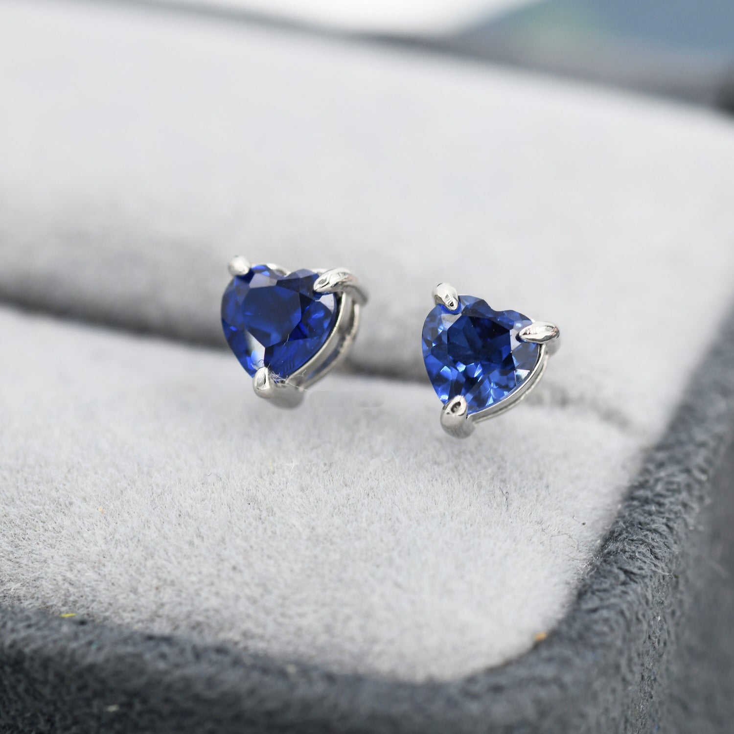 Sterling Silver Extra Dark Sapphire Blue Corundum Heart Stud Earrings, Tiny Heart Earrings, September Birthstone