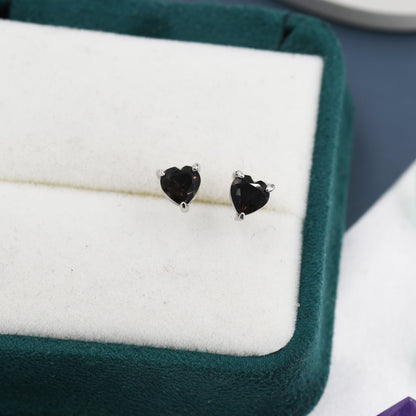 Genuine Smoky Quartz Crystal Heart Stud Earrings in Sterling Silver, 5mm Crystal, Heart Stud Earrings, Tiny Heart Earrings