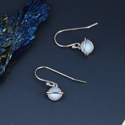 Little Planet Drop Hook Earrings in Sterling Silver - Simulated Moonstone,  Cute, Fun, Whimsical and Pretty