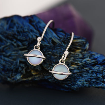 Little Planet Drop Hook Earrings in Sterling Silver - Simulated Moonstone,  Cute, Fun, Whimsical and Pretty