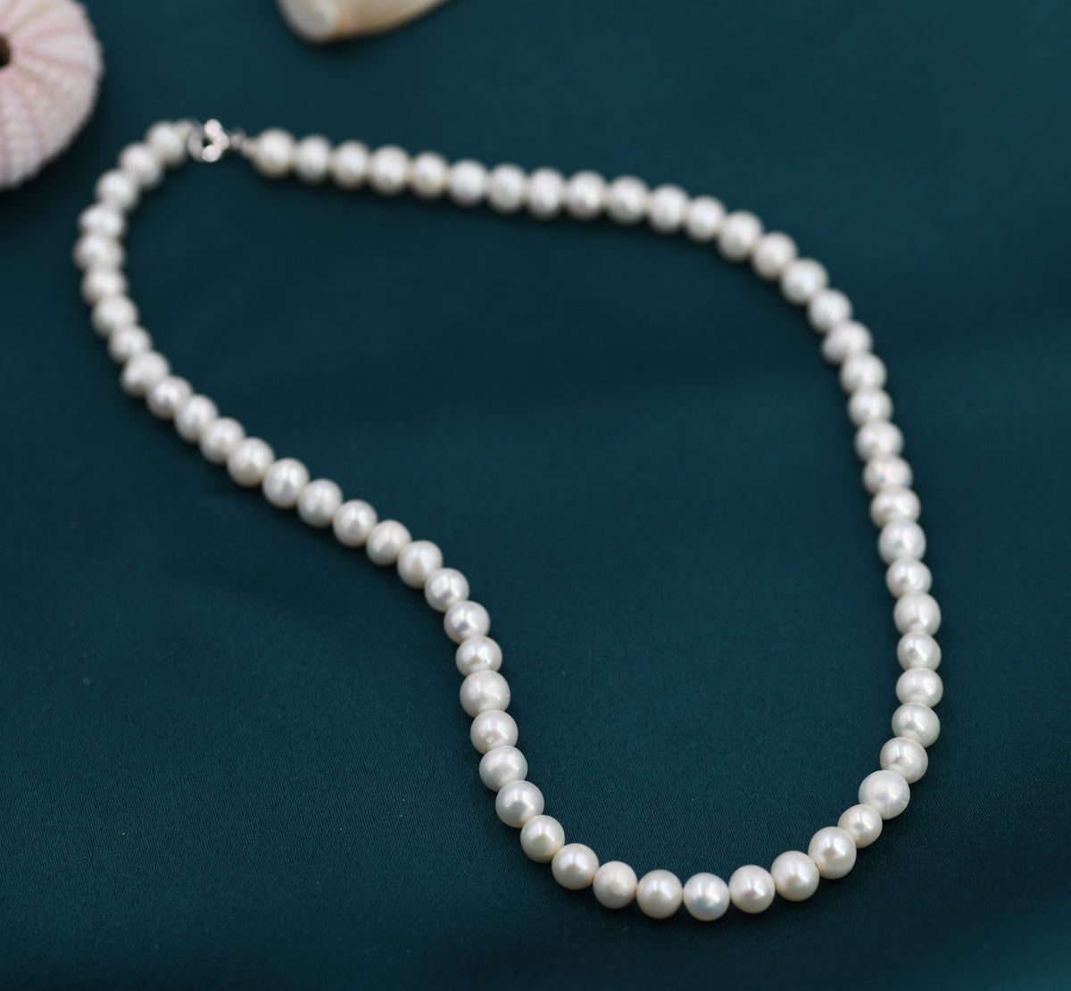 Genuine Freshwater Pearl Necklace in Sterling Silver, Slightly Irregular Shape Round Fresh Water Pearl Necklace, Men or Women, Unisex